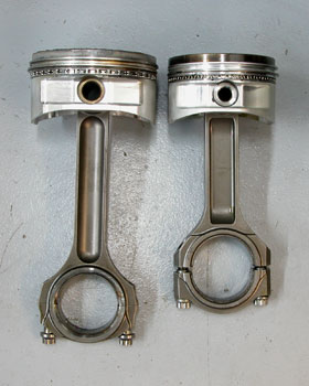 these piston/rod assemblies illustrate a couple of important things to keep in mind when working with stroker motors. no.1,  if at all possible, keep the piston pin out of the ring land area, especially for street engines. both of these pistons are pushing the limit. no. 2, pay attention to rod length if possible. try to keep the rod/crank ratio as near to stock for street engines and shoot for 1.8:1 for race motors (rod length divided by stroke).