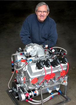 kenny duttweiler poses here with an aluminum small-block chevy awaiting shipping to a customer. this one will be turbocharged, but it shows to what extent you can up-sell the customer if needed. dry sump oil system and direct-fire ignition system were required for this custom setup.