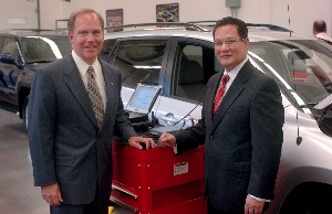 bill bergen (left), toyota’s national dealer education manager, joins shoreline community college president lee lambert in the company’s new t-ten education section during june 8 ribbon cutting ceremonies at the college’s new 26, 000 sq. ft. state-of-technology professional automotive training center. bergen was the keynote speaker at ceremonies marking the major training expansion at the center, just north of seattle, wa. toyota, it’s portland regional offices, the puget sound automotive dealer association and the state of washington contributed $4 million to complete the expansion. 