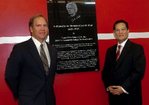 Bill Bergen (left), Toyota’s national dealer education manager, joins Shoreline Community College president Lee Lambert at a plaque honoring the late Jack Shiel, the school’s first automotive technology and Toyota T-TEN instructor. Shiel’s plaque was in place for a June 8 ribbon cutting marking opening of a 26,000 sq. ft., $4.2 million expansion at the college’s state-of-technology Professional Automotive Training Center. 