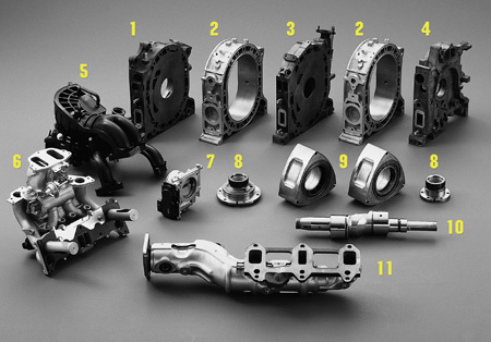 major components of the rotary engine: the rotary engine has no need of a valve actuating mechanism to open and close the intake and exhaust ports and, compared with the reciprocating engine, is composed of far fewer parts. the photo below shows the rx-8’