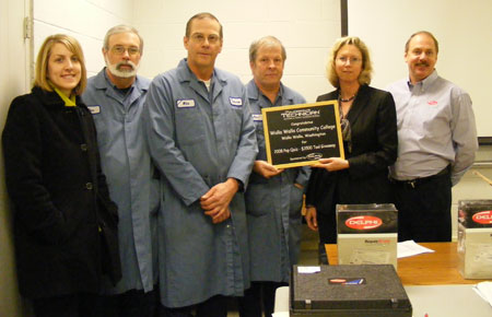 on hand for the presentation of the 2008/09 delphi-sponsored tomorrow’s technician pop quiz contest winning school were mindy stevens, wwcc interim vp, wwcc instructors tom prest, mike adams and jim haun, beth skove, publisher of tomorrow’s technician and myron burman, representing delphi product and service solutions.